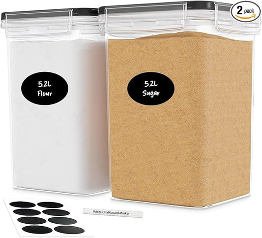 DWËLLZA KITCHEN Large Flour Sugar Storage Containers Set of 2; 175 FL. oz - 5.2L Plastic Airtight Food Storage Containers with Lids for Kitchen Pantry Organization - Food Containers, Labels & Marker