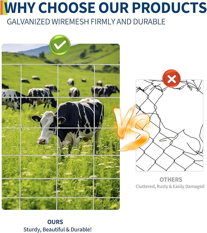 Cattle Fence 4ft x 164ft - Heavy Duty Galvanized Wire Fencing for Hog, Goat, Sheep & Deer, Durable Chain Link Fence for Yard Protection, Livestock & Poultry Enclosures, Cattle Panel