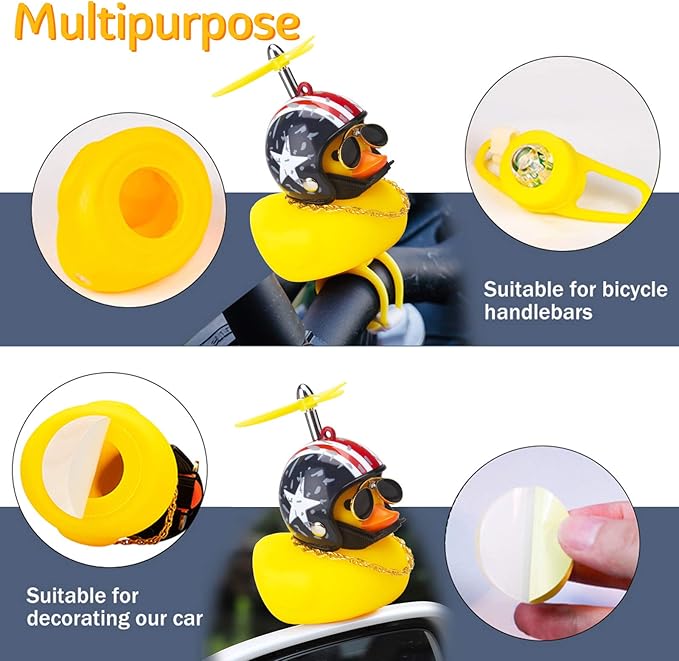 wonuu Rubber Duck Toy Car Ornaments Yellow Duck Car Dashboard Decorations Squeeze Duck Bicycle Horns with Propeller Helmet