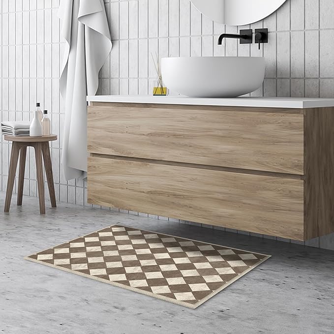 2x3 Checkered Modern Small Carpet Washable Brown Area Rugs Doormat for Entryway Bathroom Living Room Bedroom Washing Room Non Slip