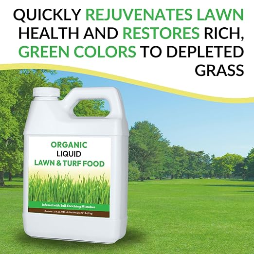 Organic Liquid Lawn & Turf Food - Quickly Rejuvenates Lawn Health and Restores Rich Green Colors to Depleted Grass | Infused with Soil Enriching Microbes (32oz, Treats Up to 5,000 Sq. Feet)