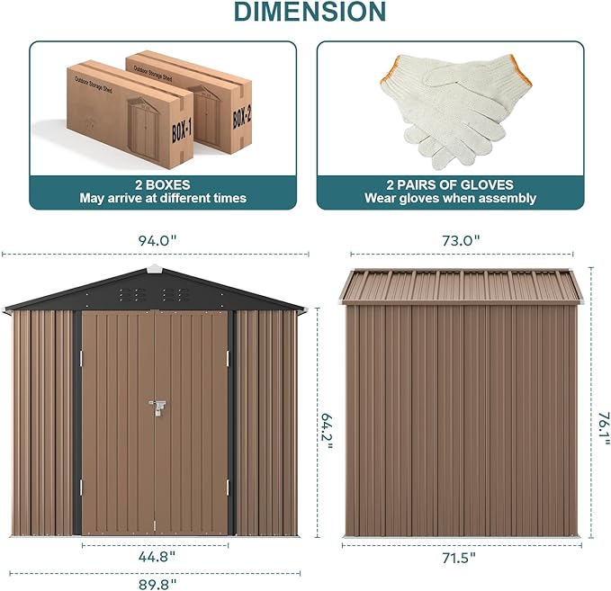 Gizoon Outdoor Storage Shed 8 x 6 FT, Galvanized Metal Garden Shed with Double Lockable Doors, Outdoor Storage Clearance for Backyard Patio Lawn-Light Brown