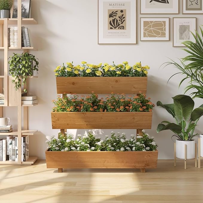 3-Tiers Wooden Raised Garden Bed Tiered Planter Box Vertical Garden Planter Wood Plant Stand for Patio, Balcony, Freestanding. (Brown L)