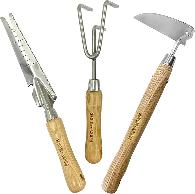 Ferry-Morse Premium All Hand Tools Set, 4Pcs Gardening Tools, Stainless-Steel Heavy-Duty Hand Cultivator, Hoes, & Weeder with Ash Wood Handle, 8 Pockets Gardening Tool Bag