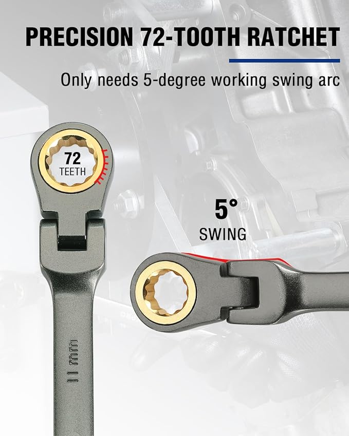 WORKPRO 11 mm Flex-Head Ratcheting Combination Wrench, Cr-V Constructed, Nickel Plating, 72-Teeth, 12 Point Design, Metric