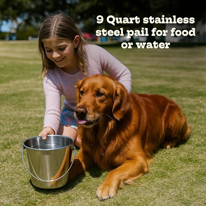 9 quart Heavy Duty Stainless Steel Round Bucket with Handle | 2.25 gal Sturdy Food & Water Bowl for XL Dog Goat sheep Horse & Livestock | Fits kennel Crate Farm | Hanging Utility Pet Pail