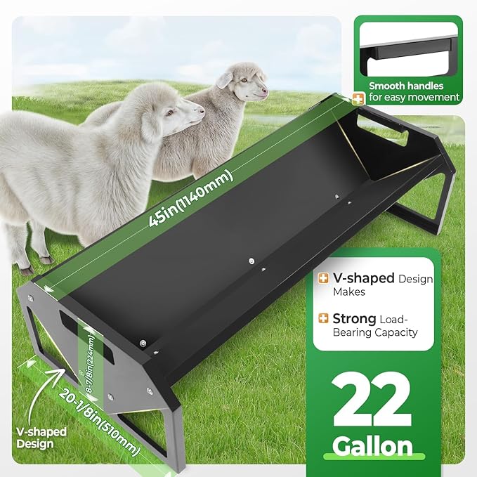 Livestock Feeding Trough 22 Gallon Capacity 45" Hay Feeder Heavy Duty Livestock Trough Feeder Trough for Horse Sheep Cattle Hog V-Shaped Farm Sheds Pen Water Feeder Powder Coated Black Steel