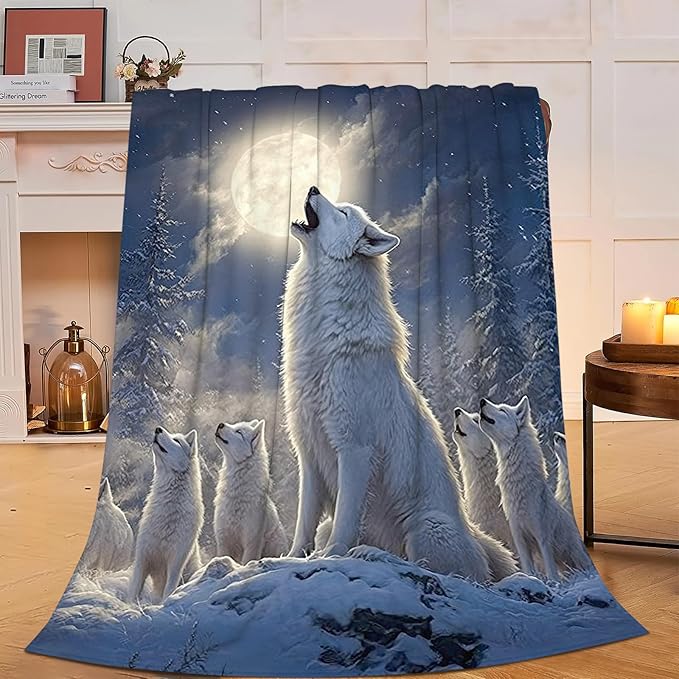 Wolf Blanket Wolves Moon Snowy Throw Blanket Soft Warm Cozy Fuzzy Plush Gifts for Girls Women Lightweight Fleece Flannel Stuff Decor Gift for Kids Adults 80"X60"