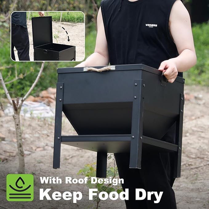 Solution4Patio All Metal Chicken Feeding Box 80 lbs Large Capacity Portable, Waterproof Lid, Hens and Roosters, No Waste Coop Poultry, Galvanized Steel Feeder Standing for Chickens