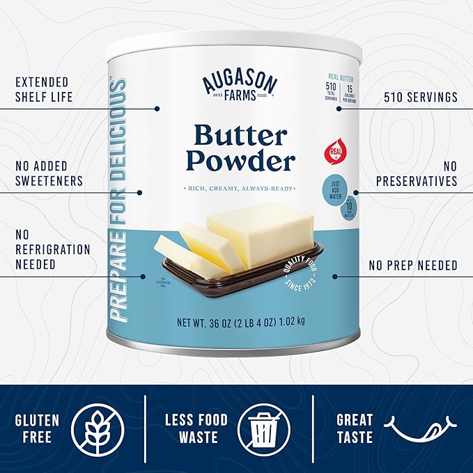 Augason Farms Butter Powder Can - Gluten Free Salted Butter for Cooking, Baking & Everyday Use - Long Term Emergency Food Supply - Shelf Stable dehydrated food - 510 Servings