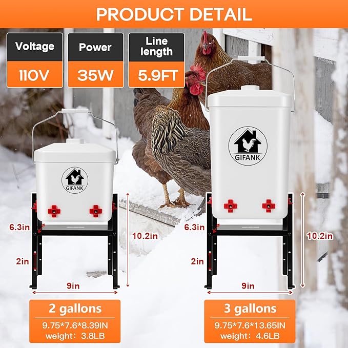 Heated Chicken Waterer for Winter Automatic Heated Chicken Waterer Adsjustable Height Poultry Drinker Heater Anti-Freezing Watering System for Chicken Coop Accessories ABS 3Gallon