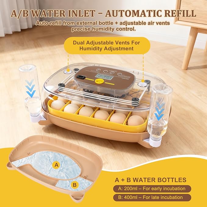 24 Egg Incubator for Hatching with Automatic Turner, Smart Temperature & Humidity Control, 360° Viewing, Egg Candler, Auto Water Refill, Ideal for Chicken, Duck, Quail, Goose-Brown (24 Egg-Brown)