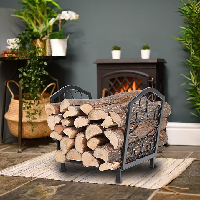 GREEN PARTY 17 Inch Small Firewood Rack Indoor/Outdoor Metal Firewood Holder, Decorative Fire Log Holder for Fireplace,Fire Pit,Heavy Duty Wood Rack,Wood Stove Accessories,17" L X 13" W X 15.5" H
