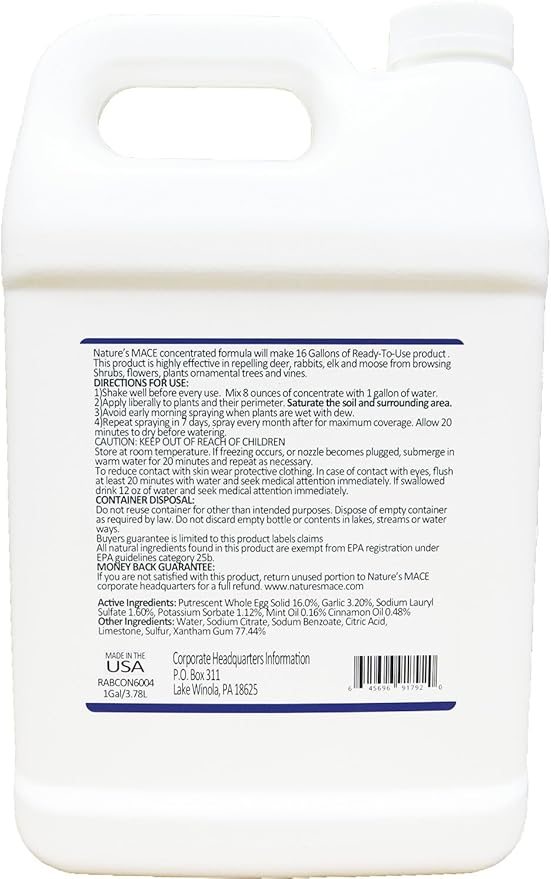 Nature’s MACE Rabbit Mace, Rabbit Repellent for Outdoors, 1 Gallon Concentrate, Covers 2 Acres, Rabbit Deterrent Spray for Lawn, Yard, Garden, Landscape, Safe to Use Around People, Pets, & Plants