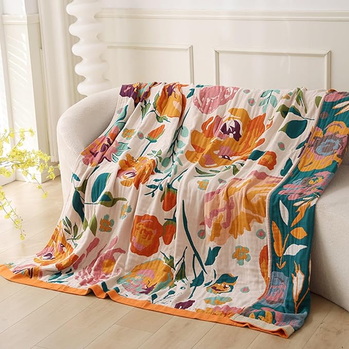 Boho Throw Blanket for Bed 100% Cotton Ultra Soft Rustic Quilt Floral Printed Farmhouse Decor Fall Bed Blankets,90"×98" All Season Rustic Large Throw for Sofa Couch Chair