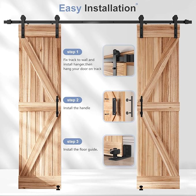 EaseLife 8 FT Double Sliding Barn Door Track and Handle Hardware Kit,Straight Pulley,Slide Smoothly Quietly,Easy Install (8FT Track Kit for 20"~24" Wide Double Door)