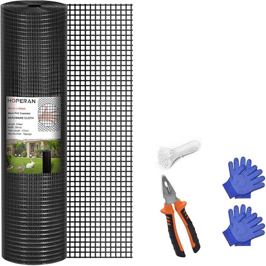 HOPERAN Black Hardware Cloth 1/2 inch 36 x 50 Ft Mesh 19 Gauge PVC Coated Chicken Wire - Vinyl + Galvanized Double Coated Fence - Welded Wire Mesh Roll for Chicken Coop Fencing Garden Fencing
