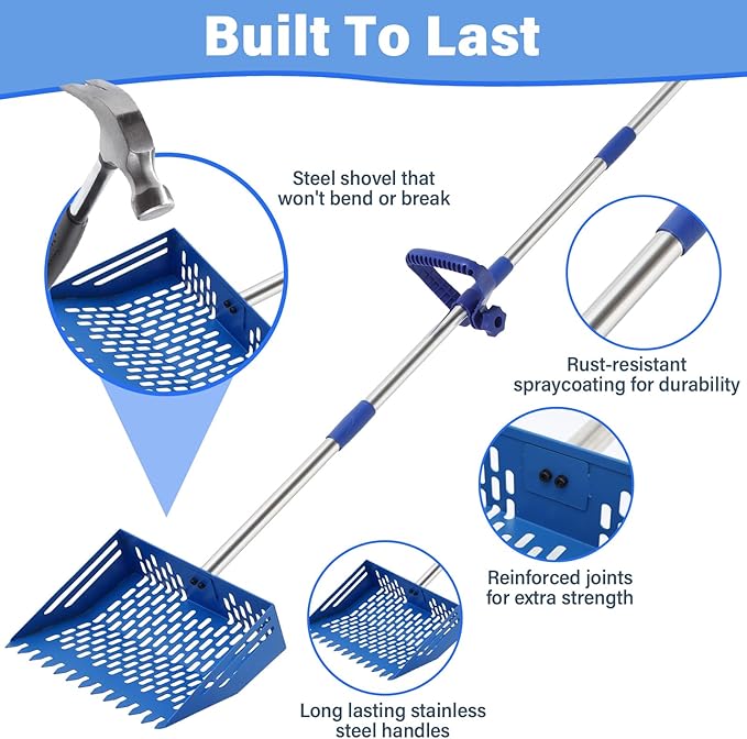2 in 1 Chicken Poop Scooper & Rake, 10 Inch Sand Sifting Shovel with 35" to 62" Adjustable Stainless Steel Handle, Durable Litter Cleaner with Ergonomic Grip Gloves for Chicken Coop Farm Animal(Blue)