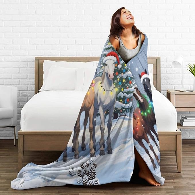 Christmas Horse Blanket, Soft Plush Fleece Animal Throw Blanket - Cozy Warm Stuffed Blankets Bedding Horse Gifts for Women Girls Kids Adults 50"X60"