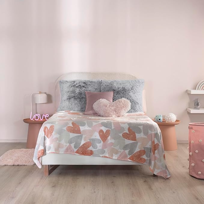 Vianney Love Queen Size Lightweight Fleece Blanket in Pink, Coral, and Grey Hearts