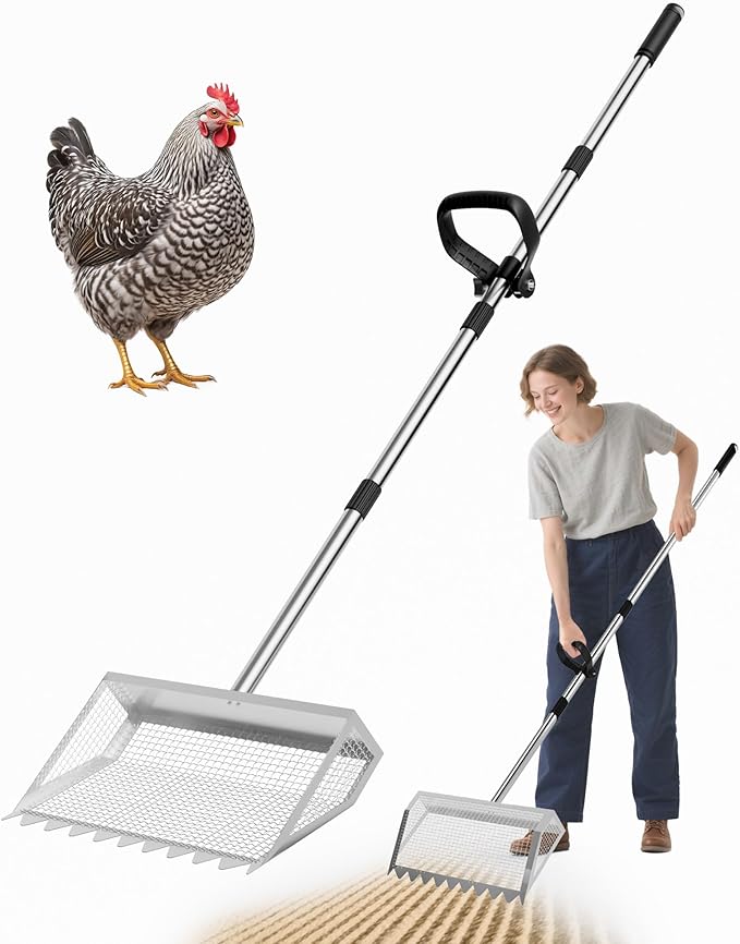 Chicken Poop Scooper and Rake – 2-in-1 Metal Litter Sifter for Chicken Coops, Sand, and Runs with 22–62" Adjustable Handle, Heavy-Duty Cleaning Tool for Chicken and Duck