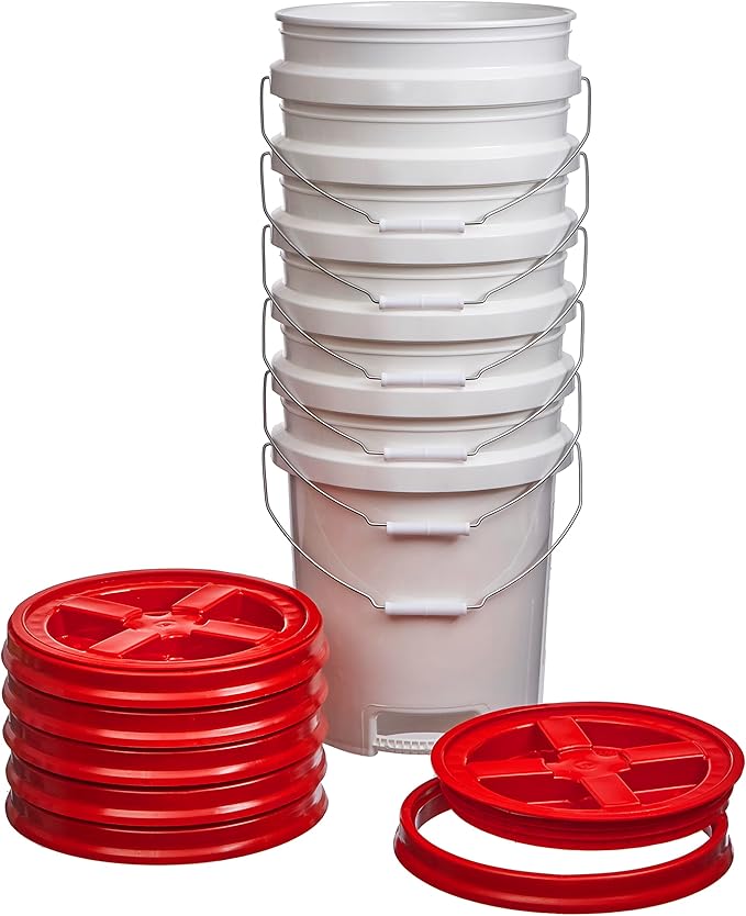 Consolidated Plastics 5 Gallon White Food Grade Buckets with Bottom Grip Handle & Gamma Seal Lids, BPA Free Container Storage, Durable HDPE Pails, Made in USA (6 Pack, Red Lids)