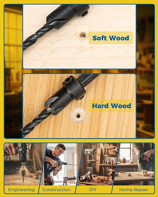 16PCS Countersink Drill Bit Set, Adjustable Depth Tapered Drill Bits with 4 Wood Plug Cutters & 1/4" Hex Shank, Counter Sink Drill Bit for Wood with Storage Box