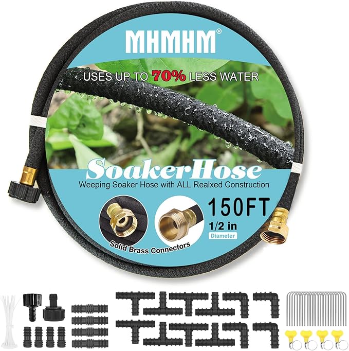 1/2" Soaker Hose for Garden Drip Hose Irrigation System with Solid Brass Fitting for Lawns Flower Beds & Vegetable Gardens (150FT)