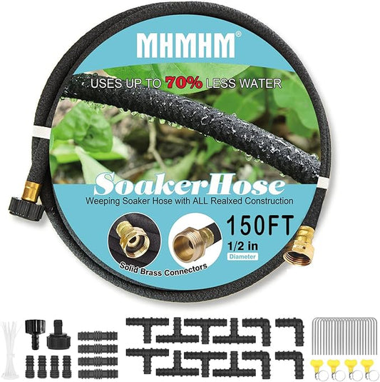 1/2" Soaker Hose for Garden Drip Hose Irrigation System with Solid Brass Fitting for Lawns Flower Beds & Vegetable Gardens (150FT)