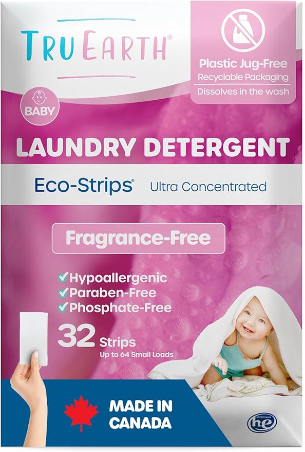 Tru Earth Hypoallergenic Baby Laundry Detergent Sheets/Eco-Strips for Sensitive Skin, 32 Count, Up to 64 Loads: Fragrance Free Detergent for Newborn, Infants, Toddlers, Children, Baby Clothes