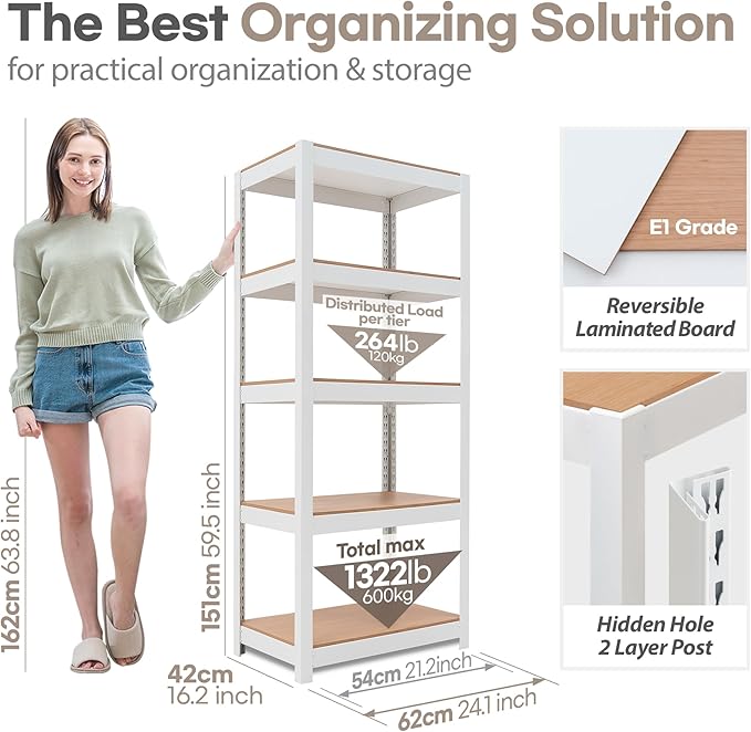 HOMEDANT House 5 Tier 24.1" W Laminated Metal Shelving Unit Adjustable Storage Utility Rack Heavy Duty Shelves Organization Multipurpose Shelf Kitchen Garage Pantry Closet 1 Pack