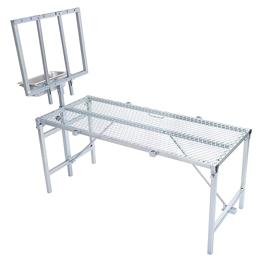 HECASA Sheep Milking Stand Livestock Feeder Rack Adjustable Headpiece w/Removable Feeding Tray Portable Farm Ranch Livestock Stand for Hoof Trimming Shearing Grooming Grooming (Silvery)