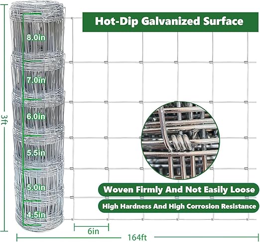 Cattle Panel for Deer Fence, Goat Fence, Cattle Fence - 3ft x 164ft Heavy Duty 13Gauge Hot-Dip Galvanized Wire Fencing for Garden Animal Barrier, Field Fence Roll, Horse, Poultry Yard