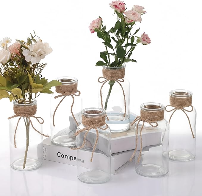 6PCS Transparent Glass Flower Vases for Centerpieces Boho Cylinder Bud Vases in Bulk Mason Jars for Weddings, Parties & Vintage Home Decor(Transparent 6)