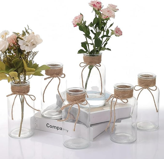 6PCS Transparent Glass Flower Vases for Centerpieces Boho Cylinder Bud Vases in Bulk Mason Jars for Weddings, Parties & Vintage Home Decor(Transparent 6)