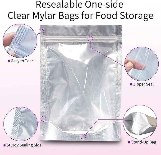 120pcs Mylar Bags for Food Storage with Oxygen Absorbers 300cc 500cc (50 Packs Each), Resealable Pouches 4 Sizes Mix Bundle 30 Each (10x14, 7x10, 5x7, 4x6 Inches), Stand Up with Clear Window