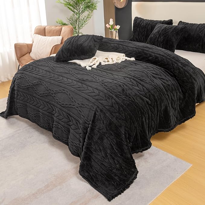 YUSOKI Sherpa Queen Size Blanket-3D Stylish Design Super Soft Fuzzy Cozy Warm Blanket Thick Plush Fluffy Furry Blankets for Teen Girls Women Couch Bed Sofa Chair Men Boys Gift(Black,90"x90")
