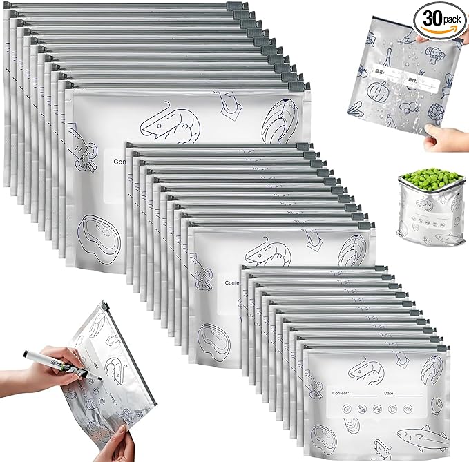 30 Pcs Reusable Aluminum Foil Sealable Storage Bags, 2025 New Resealable Vacuum Zipper Pouches for Food, Stand Up Foil Sealable Bags with Label and Zip Lock for Vegetable Fruit Meat (3 Size)