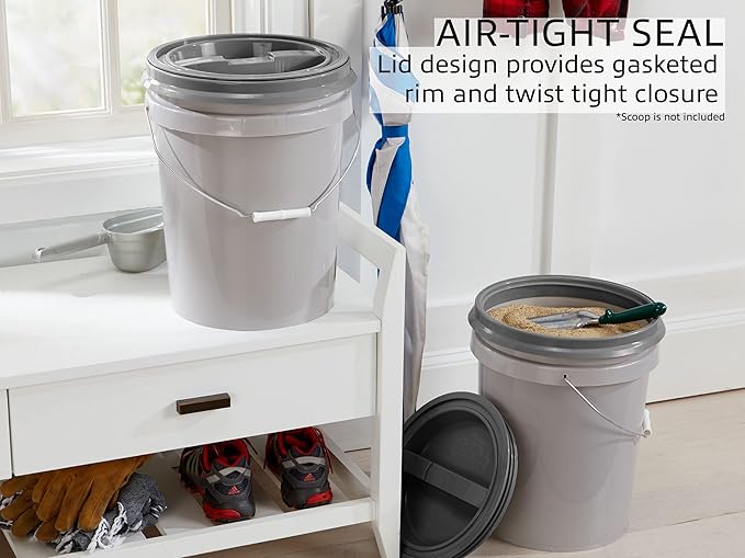 Mighty Tuff 5 Gallon / 21 Pound Pet Food Storage Container, Pack of 2 with Metal Handle and Airtight Lid to Lock in Freshness, Light Grey Base & Dark Grey Lid