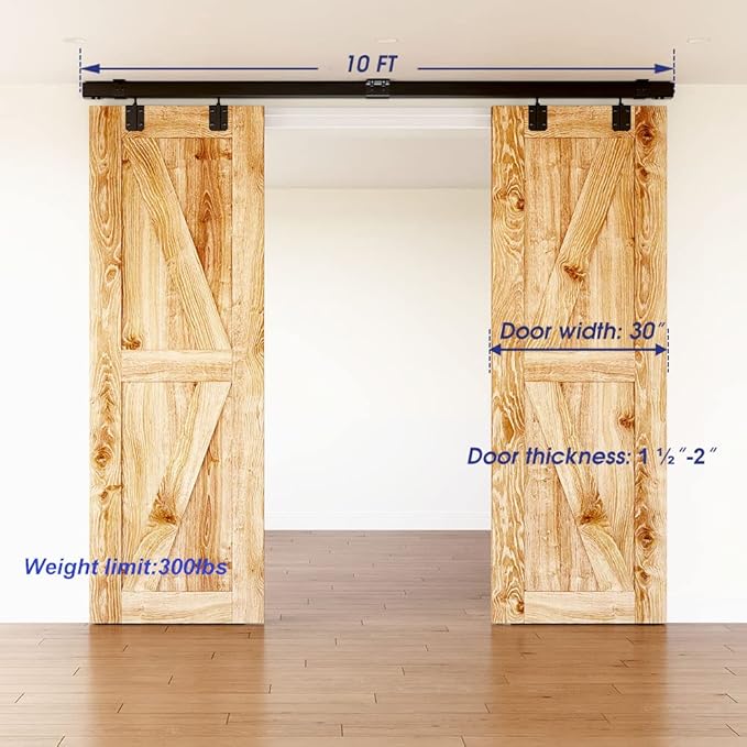 10FT Box Rail Hardware Heavy Duty Steel Sliding Barn Door Track, Ceiling Mount Kit, Fit Indoor and Exterior Door, Smoothly and Quietly Easy to Install Double Door Hardware