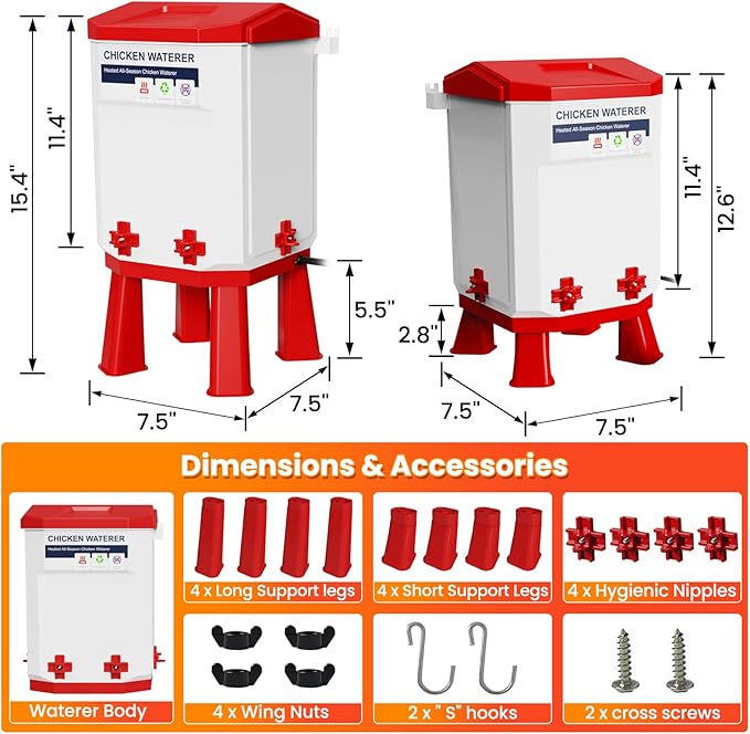 Nexum 2-Gallon Heated Chicken Waterer – All-Season Poultry Drinker with 4 Nipples and Stand, Keeps Clean & Unfrozen, Easy-Fill, Low Maintenance for Chickens, Ducks & Quail (Red, 7L)