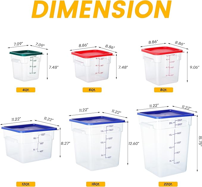 4 Pack Food Storage Containers, 12 Quart with Lids, Square Commercial Containers with Scale, NSF, Polycarbonate, Clear