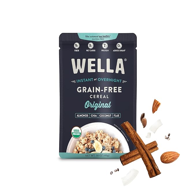 Wella Cereal Oatmeal Alternative, Gluten-Free Breakfast Hot Cereal, Grain-Free Paleo Organic Vegan High Protein Superfood, Plant-Based Non-GMO, Low in Net Carbs, Single-Serve Packets, Original Flavor (5 Count, 1.6 oz. Packets)
