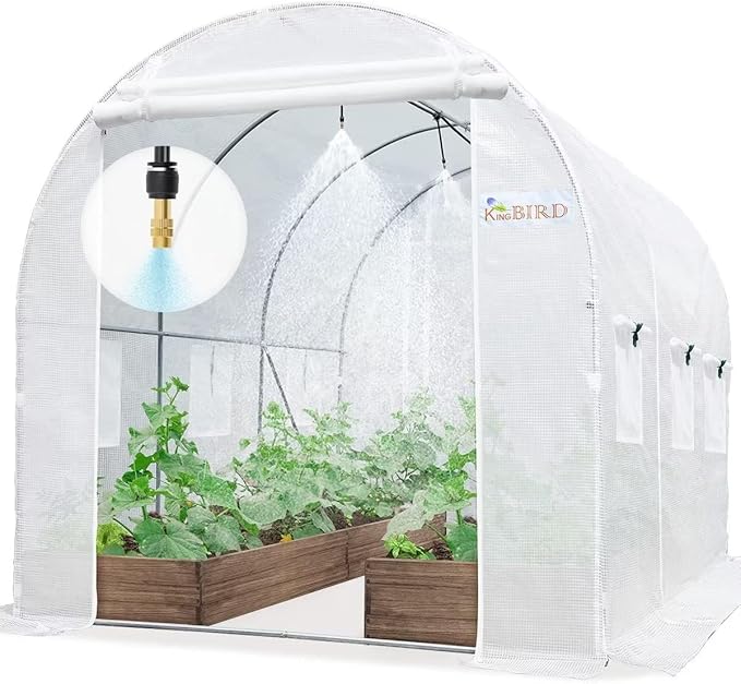 KING BIRD Premium 10x6.6x6.6FT Greenhouse for Outdoors, Large Walk-in Heavy Duty Galvanized Steel Frame, Mesh Door Screen Window Tunnel Hoop Garden Plant Winter Hot House, with Watering Kits, White