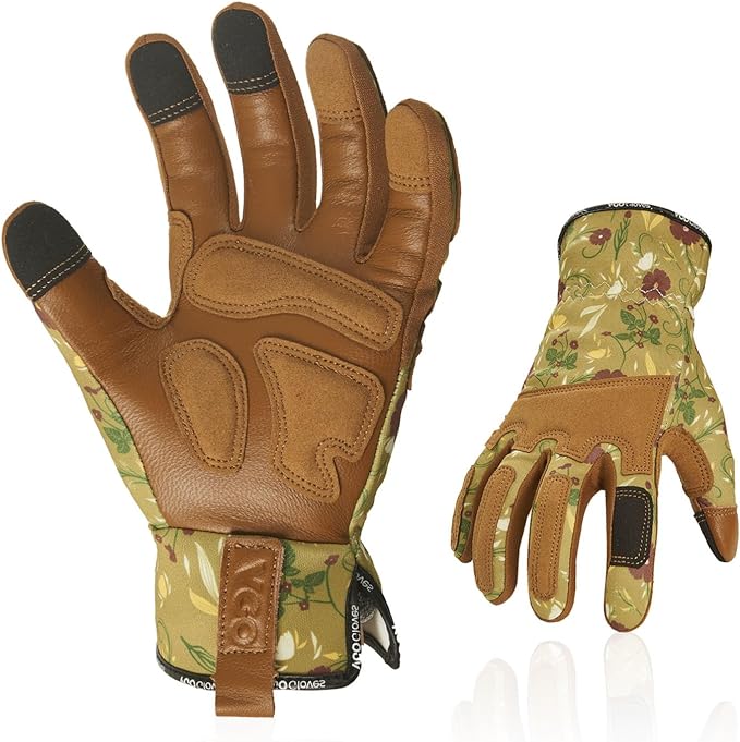 Vgo... 1Pair Gardening Gloves for Women, Goatskin leather Thorn Proof Working Gloves for Weeding, Digging, Raking, Pruning and Planting,Touchscreen (L,Light Green,GA7471)