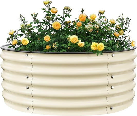 Round Raised Garden Bed Kit, 3.5x3.5x1.4Ft Outdoor Zinc-Aluminum-Magnesium Metal Flower Beds Stainless Steel Patio Ground Planter for Planting Vegetables (Ivory)