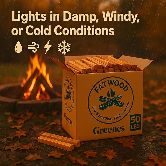Greenes Fence Fatwood Fire Starter – 50 lb Box – 100% Natural Resin Pine Kindling – Chemical-Free All-Weather for Fireplaces, Campfires, Wood Stoves & Grills