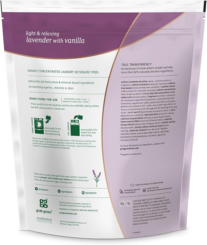 Grab Green 3-in-1 Laundry Detergent Pods, 60 Count, Lavender Vanilla Scent, Plant and Mineral Based, Superior Cleaning Power, Stain Remover, Brightens Clothes