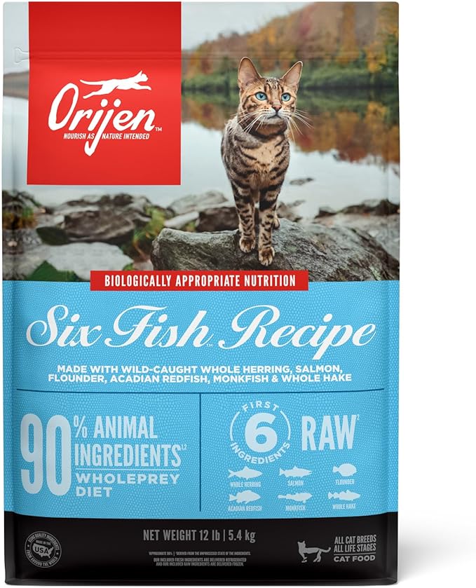 ORIJEN Grain Free High Protein Premium Dry Cat Food Six Fish Recipe 12lb Bag