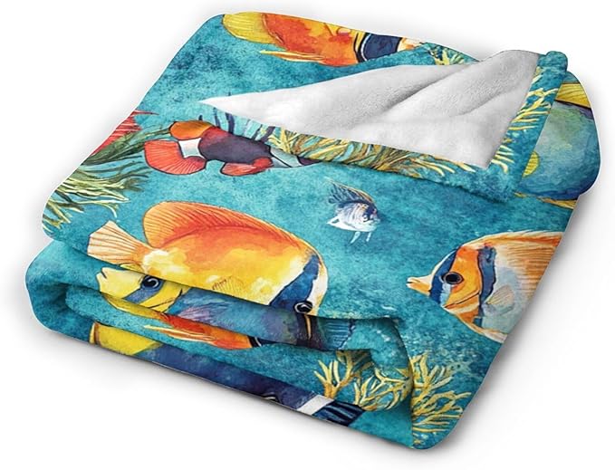 Tropical Fish Blanket Gifts for Girls Boys Soft Warm Plush Sea Ocean Fish Throw Blanket Flannel Fleece Fuzzy Colorful Fishing Blanket for Kids Lover Bed Couch Living Room Decor 80"X60"